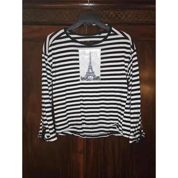Jessica Simpson Girls Black White Striped Reversible Sequin Eiffel Tower Top L - Picture 2 of 5